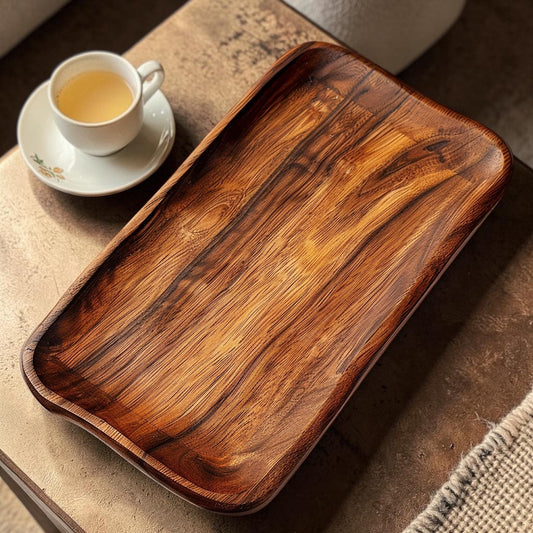 Slek Natural Acacia Wood Serving Tray - Rectangle Wooden Ottoman Tray for Coffee Table, Tea, and Food Platter