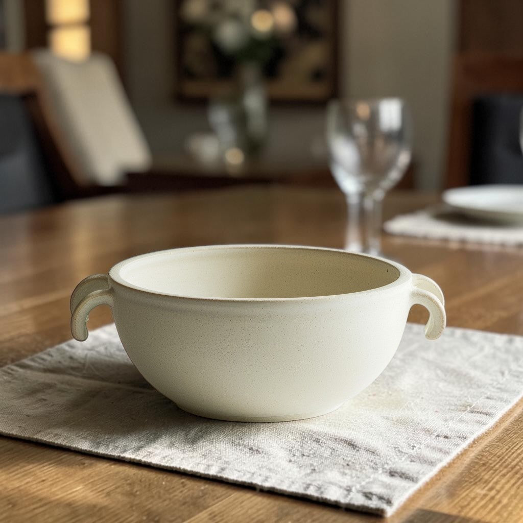 Slek Minimalist Ceramic Soup Bowl with Handles - 24oz Matte Porcelain Salad Bowls for Kitchen, Microwave & Dishwasher Safe