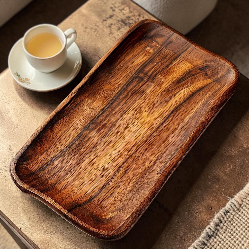 Slek Natural Acacia Wood Serving Tray - Rectangle Wooden Ottoman Tray for Coffee Table, Tea, and Food Platter