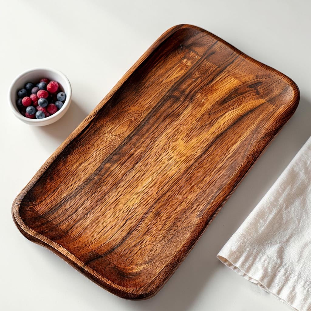 Slek Natural Acacia Wood Serving Tray - Rectangle Wooden Ottoman Tray for Coffee Table, Tea, and Food Platter